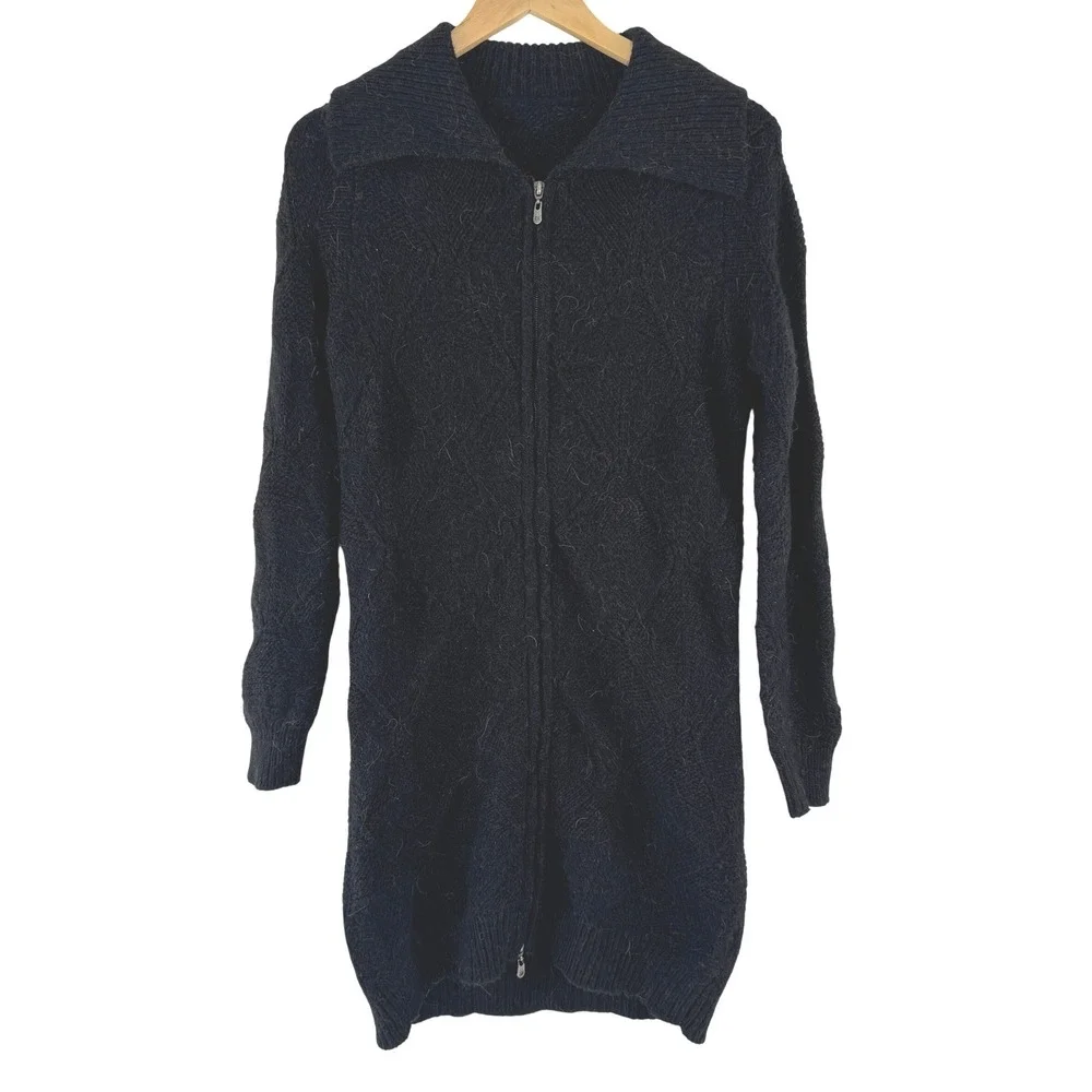 Black Alpaca Blend‎ Diamond Knit Full Zip Long Cardigan Sweater Soft S